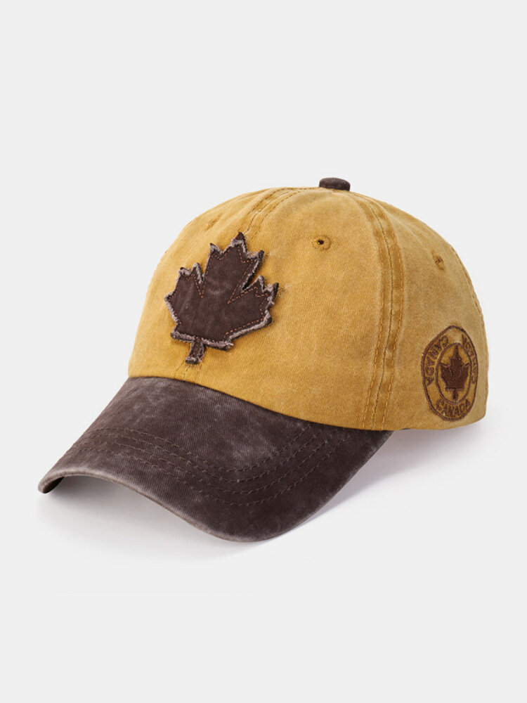 Unisex Washed Distressed Cotton Maple Leaf Shaped Patch Color-match Fashion Breathable Baseball Cap