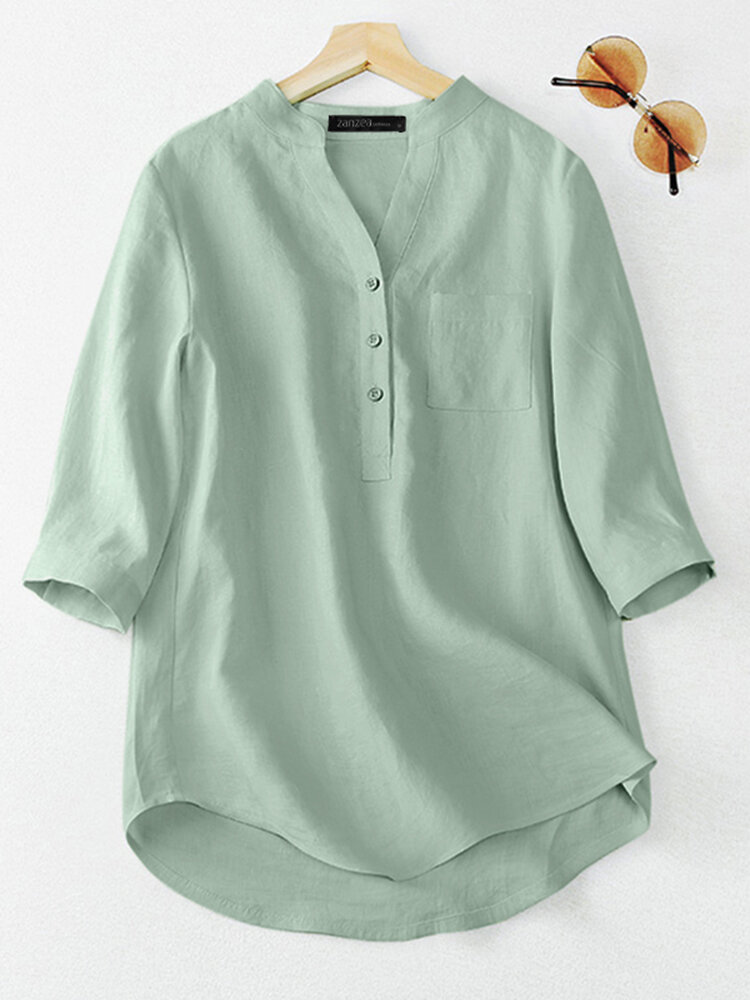 Solid Pocket Button Half Placket 3/4 Sleeve Casual Blouse