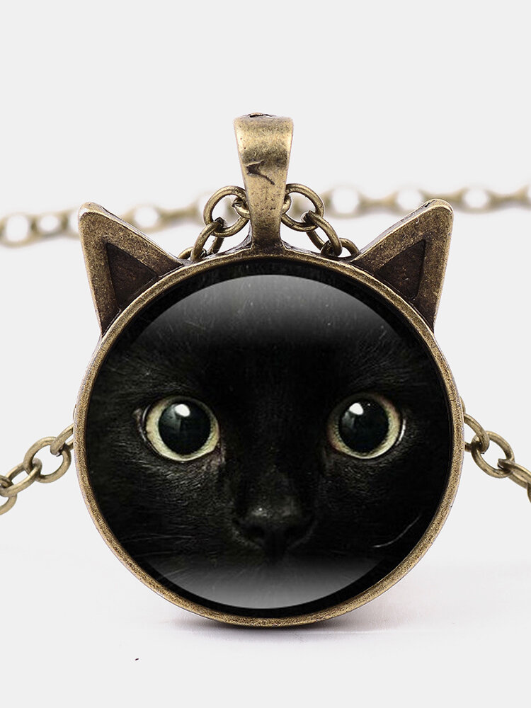 Vintage Black Cat Face Printed Women Necklace Cat Ear Pendant Sweater Chain