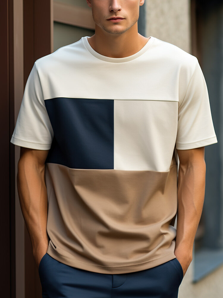 Mens Color Block Patchwork Crew Neck Casual Short Sleeve T-Shirts