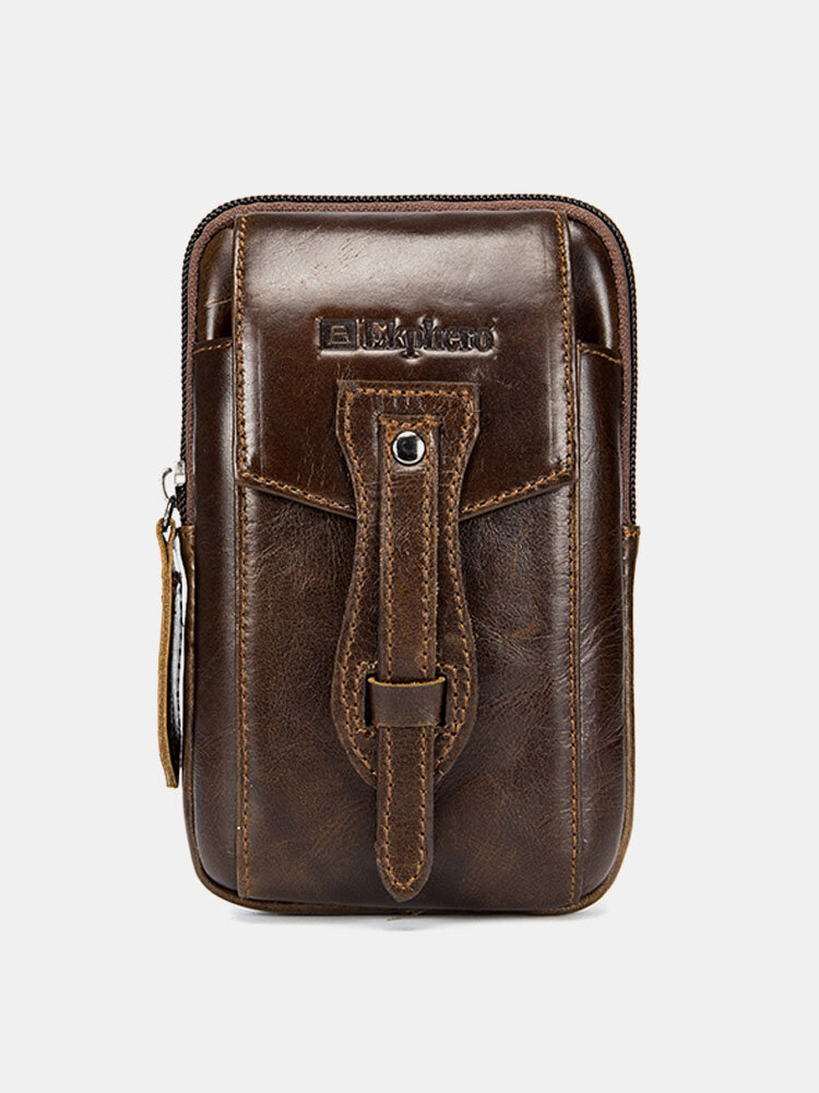 EKPHERO Vintage Genuine Leather Business Casual Waist Bag Phone Bag For Men