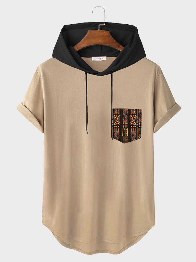 

Mens Ethnic Geometric Print Curved Hem Hooded Short Sleeve T-Shirts, Khaki