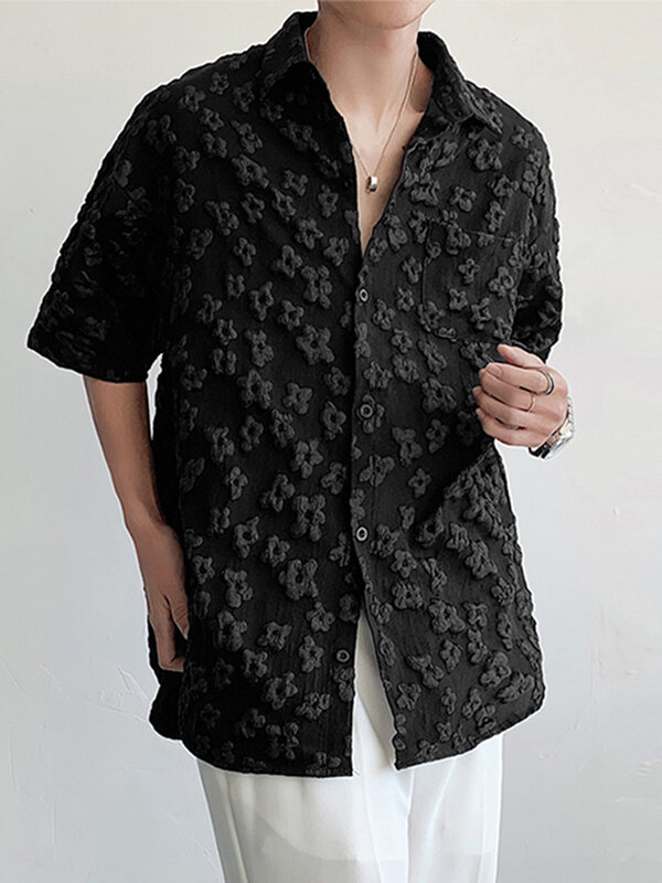 

Mens Floral Jacquard Lapel Short Sleeve Shirt, Black