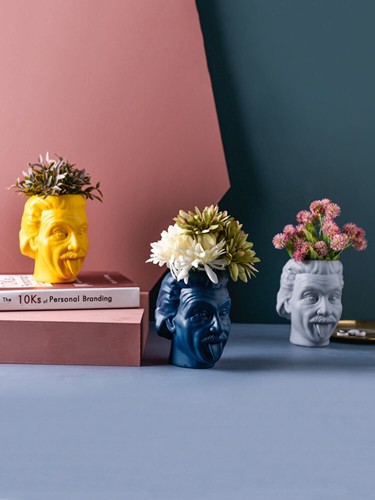 

1PC Creative Nordic Style Einstein Face Figure Character Home Garden Desktop Decor Succulents Flower Pot Planter Vase, Gray;yellow;blue
