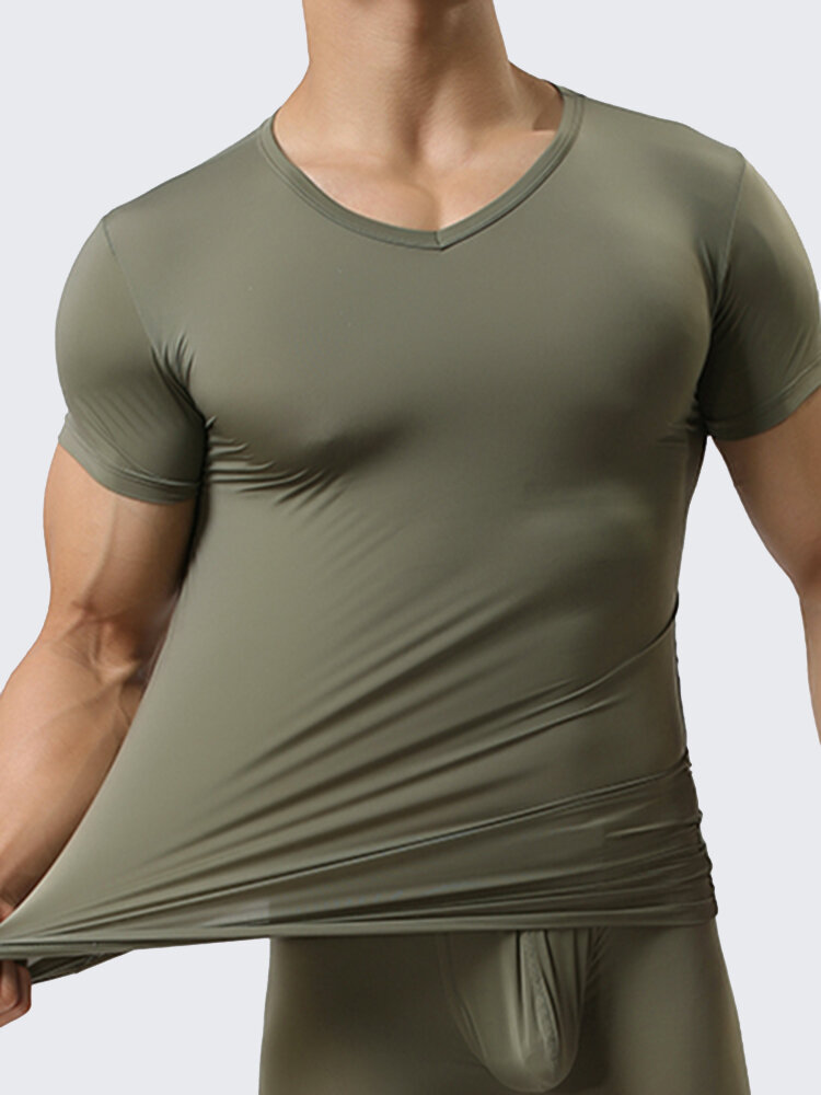 

Mens Sports Bottoming Shirt Home Wear T-shirt Comfy Lycra Elastic Solid Color Breathable Tops, White;beige;black;red;army green