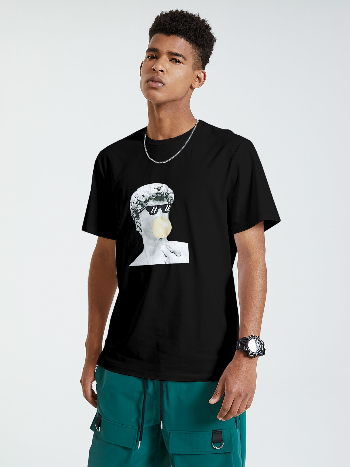 

KOYYE Men Casual Graphic Figure Print T-Shirt, Black;white