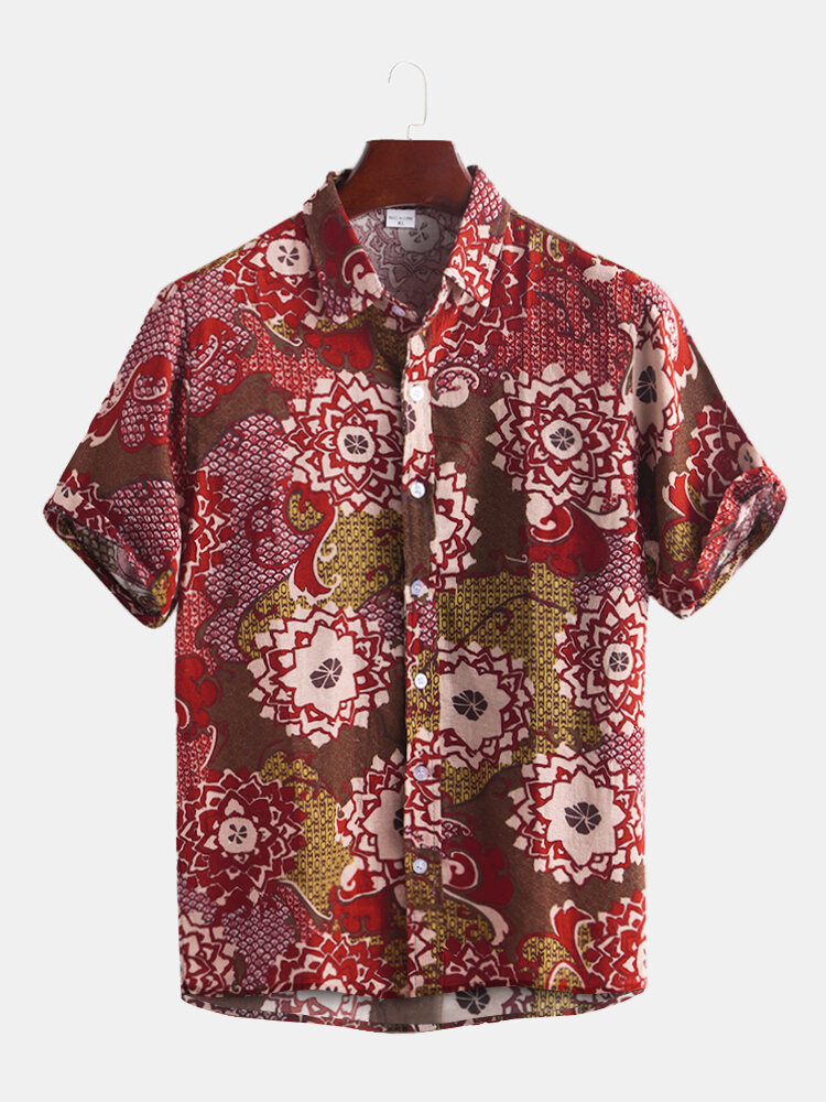 

Mens All Over Floral Print Button Up Short Sleeve Shirts, Red
