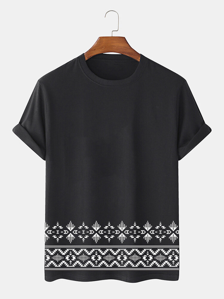 Mens Monochrome Ethnic Geometric Print Crew Neck Short Sleeve T-Shirts Winter