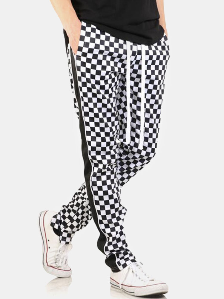 Mens Checkerboard Side Stripe Drawstring Waist Casual Zip Cuff Pants