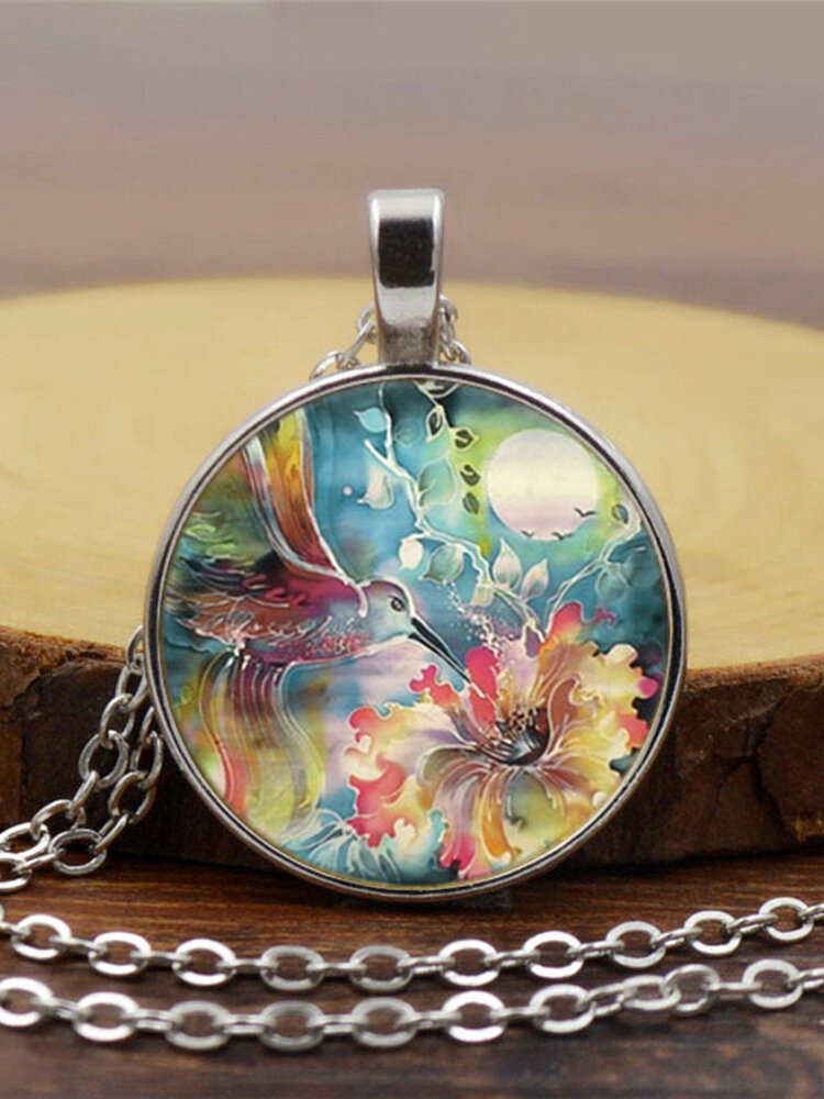 

Vintage Glass Printed Women Necklace Colorful Hummingbirds Flowers Pendant Sweater Chain Jewelry, Bronze;silver;black