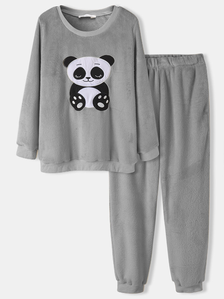 

Plus Size Women Cartoon Panda Patched Round Neck Flannel Comfy Pajamas Set, Apricot;blue;gray