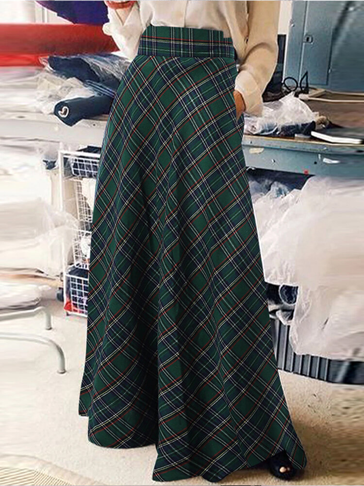 Women Vintage Plaid High Waist Skirt With Pocket