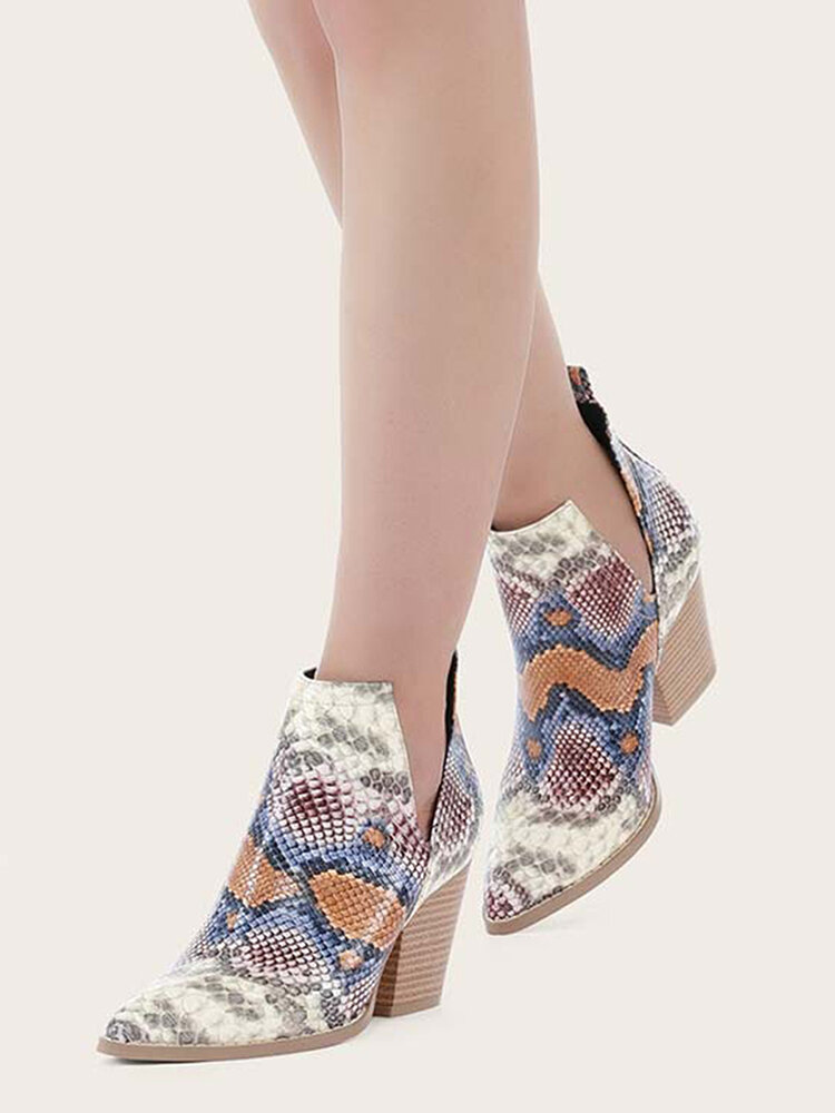 Women Warm Pointed Toe Snake PanelChunky Heel Slip On Ankle Boots