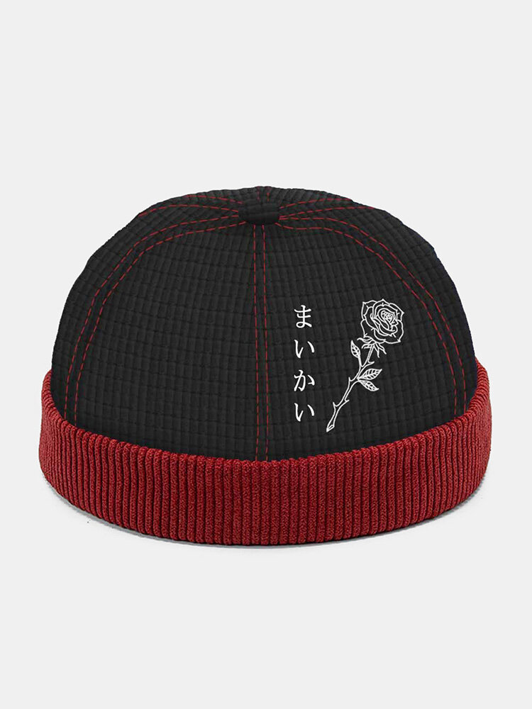 

Unisex Corn Grid Polyester Cotton Corduroy Color Contrast Patchwork Rose Japanese Embroidery Brimless Beanie Landlord Ca, Black