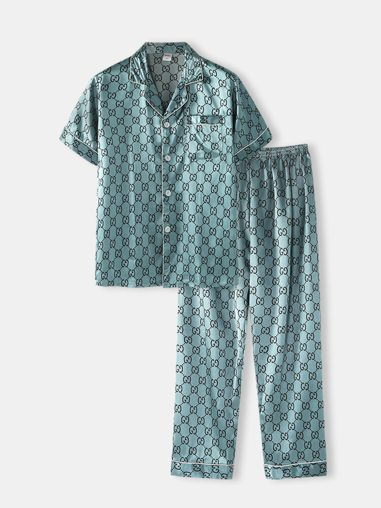 Green Geometric Print Smooth Pockets Loungewear Sets Two Piece Lapel Collar Short-Sleeve Pajamas