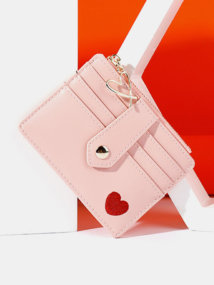 Women Pu Korean Card Bag Heart-shaped Multi Card Position Embroidered Thread Small Wallet Fashion Multifunctional Women's Wallet