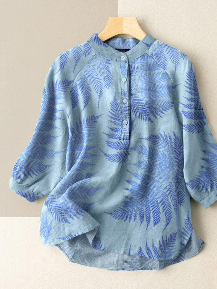 Tropical Leaves Print 3/4 Sleeve Casual Stand Collar Blouse