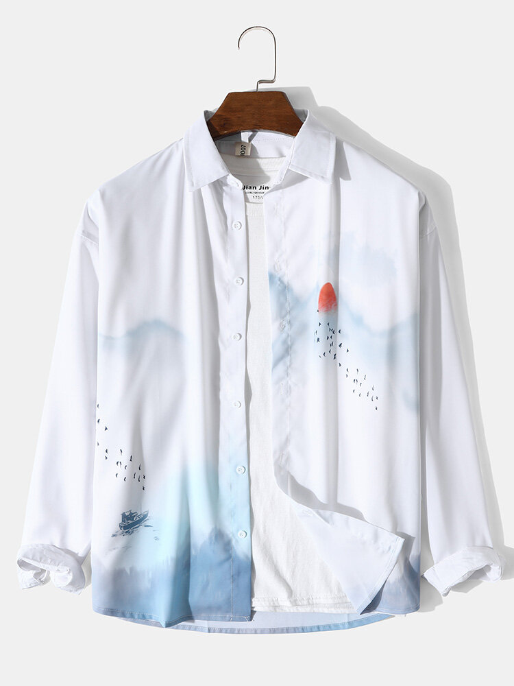 Mens Chinese Landscape Ink Painting Print Casual Long Sleeve Shirts