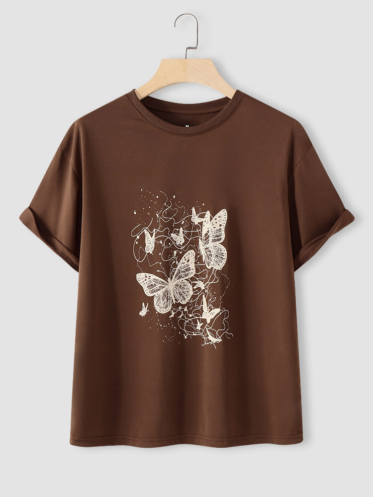 Camiseta informal de manga corta con estampado de mariposas Cuello
