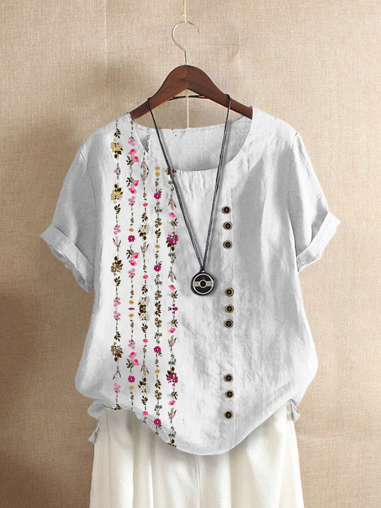 Floral Print Short Sleeve O-neck Button T-Shirt For Women