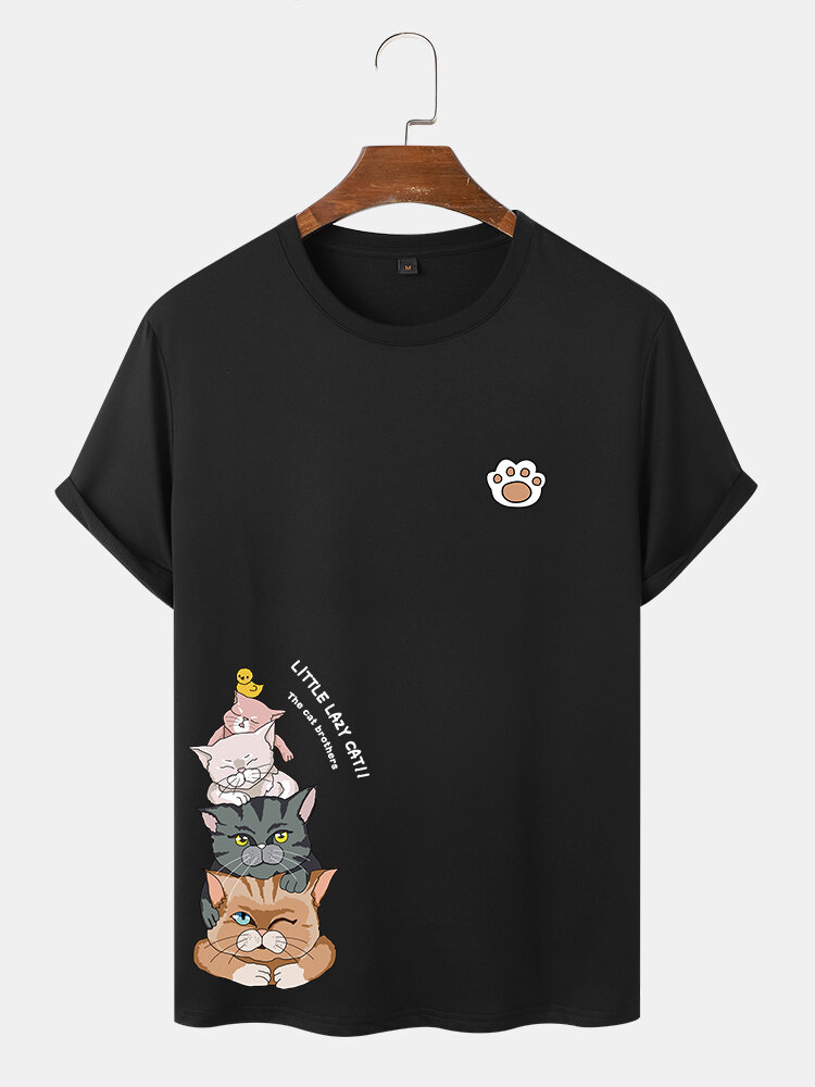 Hombre Cartoon Gato Paw Printed Crew Cuello Camisetas de manga corta