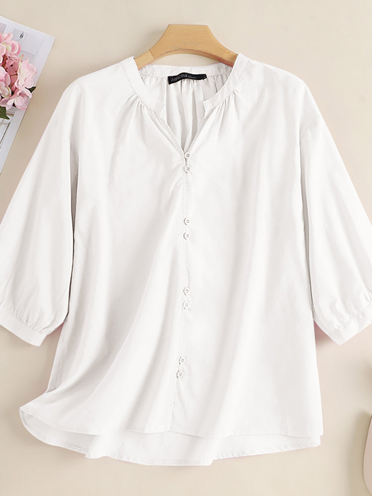Solid Button Front V-neck Casual 3/4 Sleeve Blouse