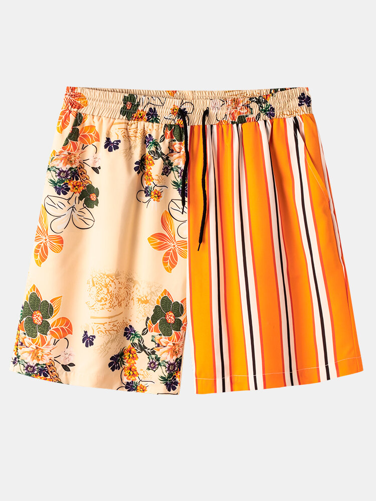 Mens Floral Striped Print Holiday Casual Loose Drawstring Waist Shorts