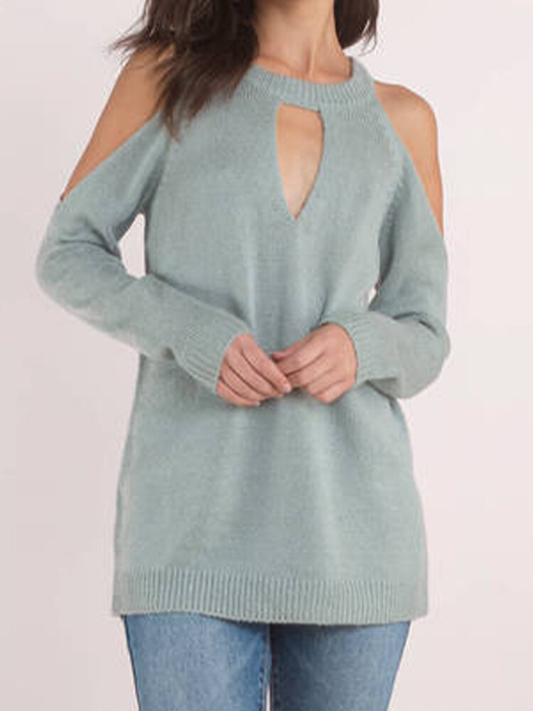 Solid Color Off-shoulder Hollow Long Sleeve Casual Sweater for Women