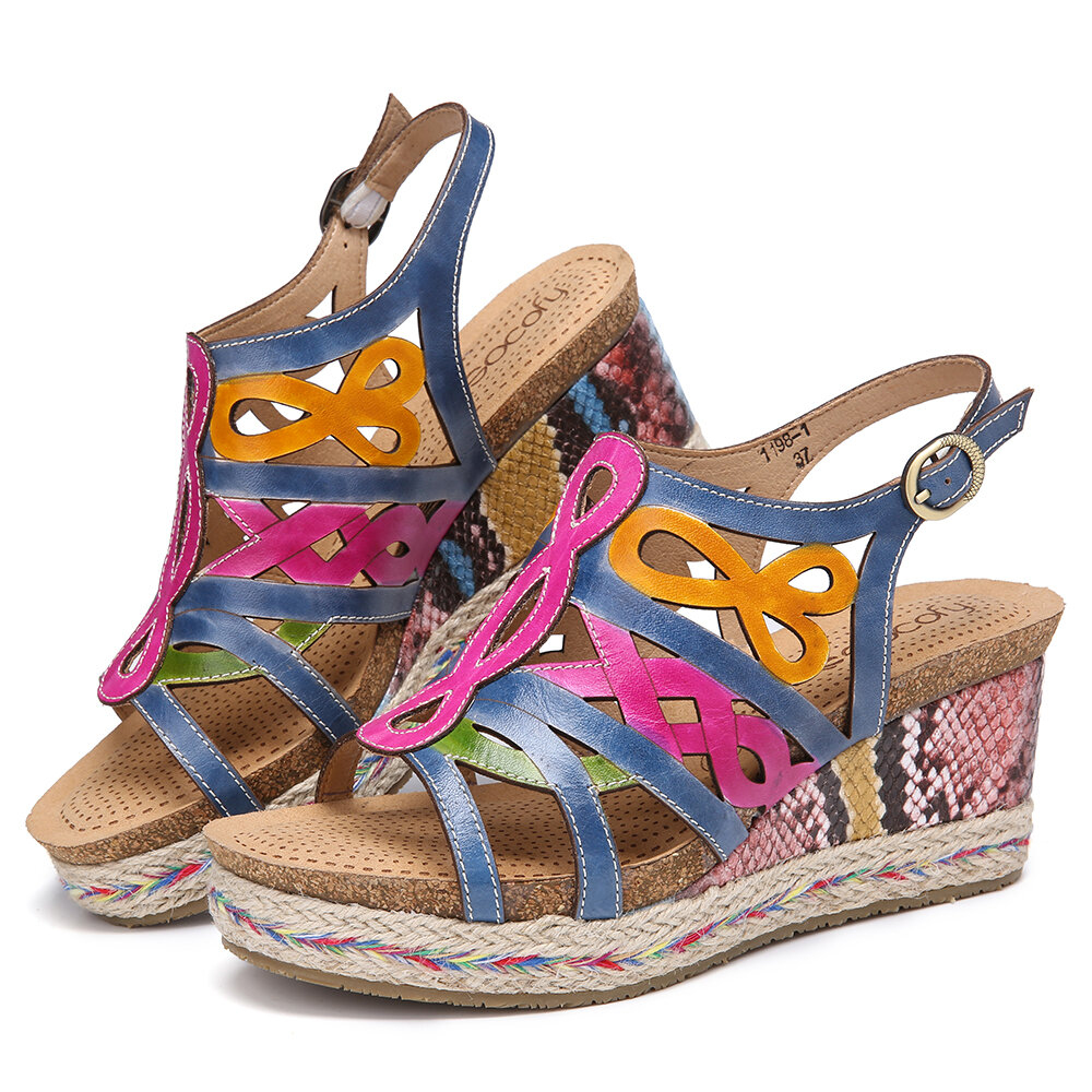 SOCOFY Leather Contrast Cutout Strappy Snakeskin Print Buckle Slingback Wedge Sandals Espadrilles