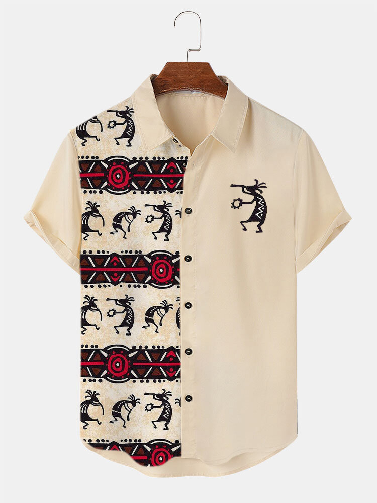 Mens Ethnic Animal Geometric Print Patchwork Short Sleeve Shirts Winter