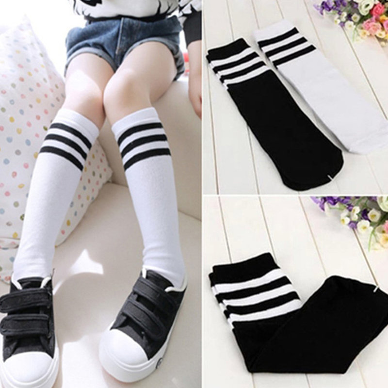 

Sports School Style Stripes Cotton Kids Knee High Socks For 1Y-13Y, Black stripe