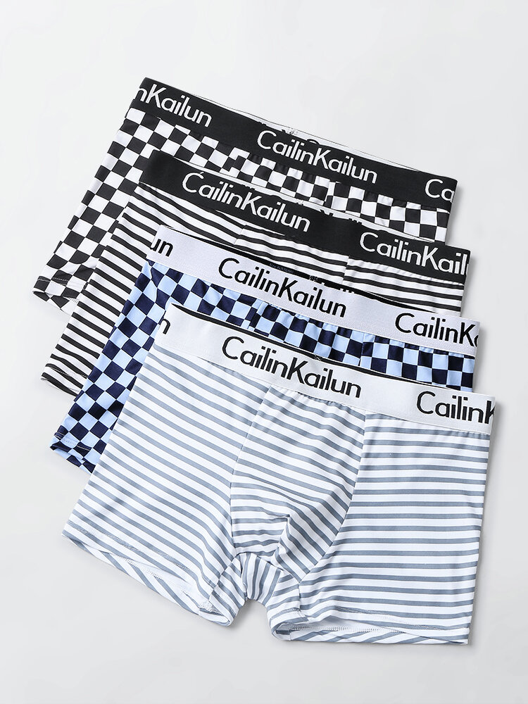 

4 Pack Mens Stripe Checkered Antibacterial Logo Waistband Boxer Briefs With Pouch, #01