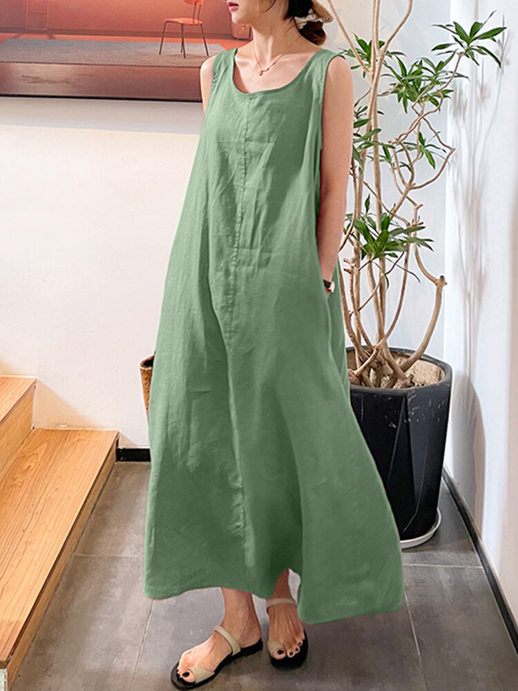 Solid Sleeveless Pocket Vintage Dress For Women