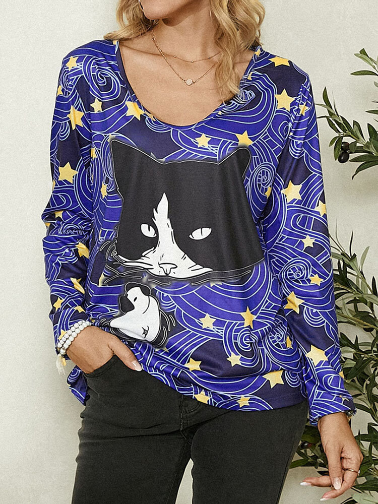 Cute Cat Stars Print Long Sleeve Casual T-shirt for Women