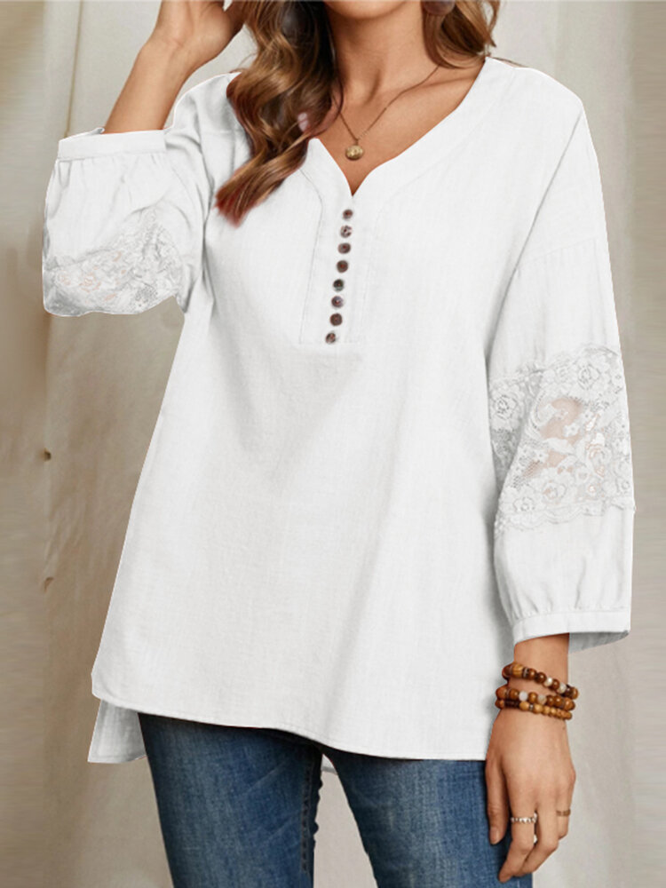 Solid Lace Stitch Button V-neck Long Sleeve Blouse Women
