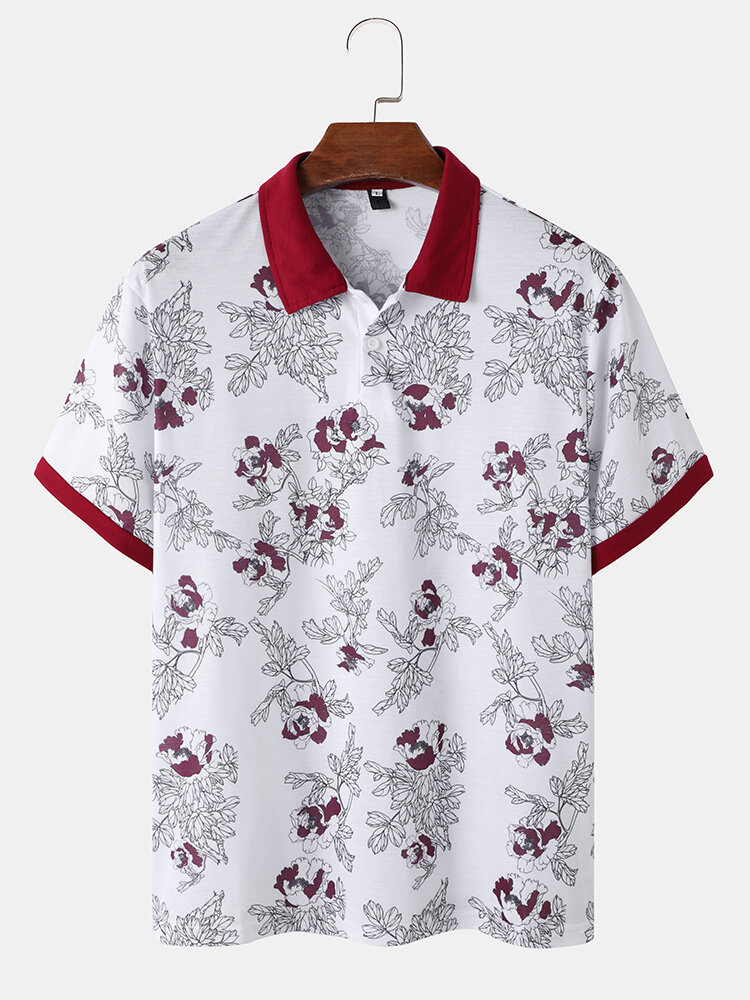 

Men Floral Hit Neck Half Buttons Soft Breathable Graceful Work Polos Shirts, White