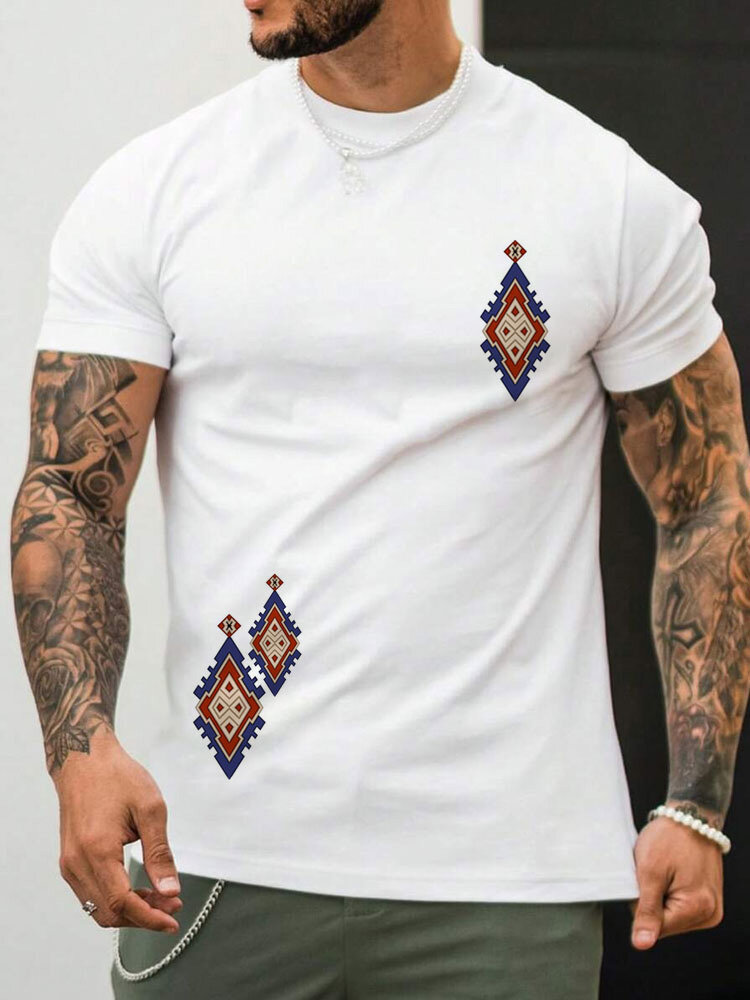T-shirts à manches courtes et col rond à motif ethnique argyle pour hommes