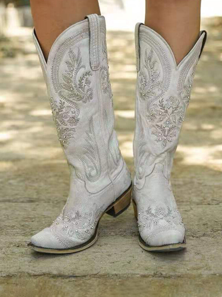Botas de cowboy femininas tamanho grande casual estampado rebite decoração confortável casual retrô meia panturrilha