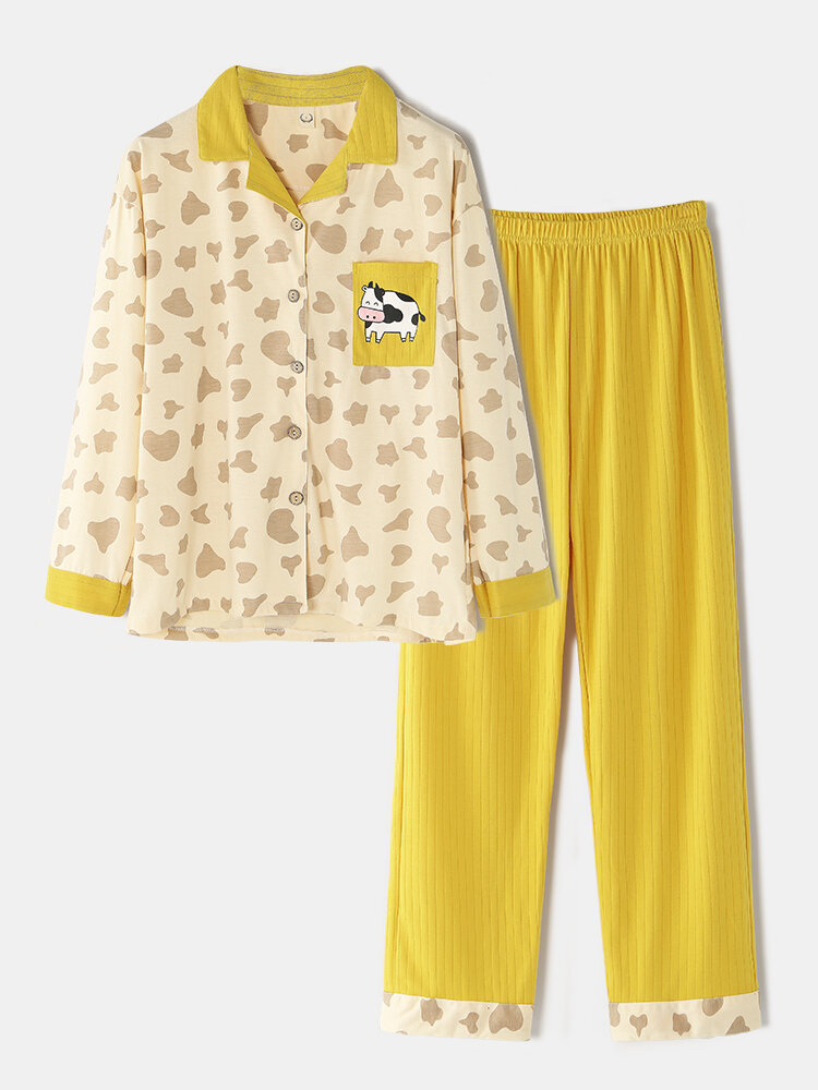 

Women Cotton Printing Ribbed Turn-Down Collar Cozy Long Pajamas Sets With Pocket, Yellow