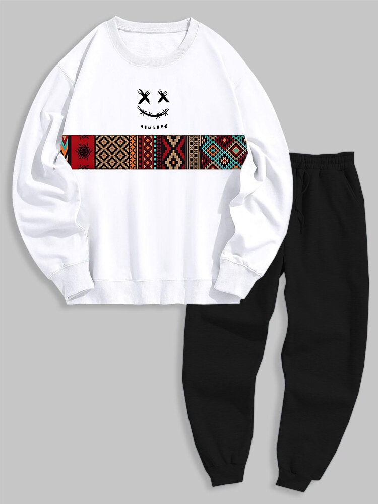 Mens Smile Ethnic Geometric Print Pullover Sweatshirt Two Pieces Outfits Winter