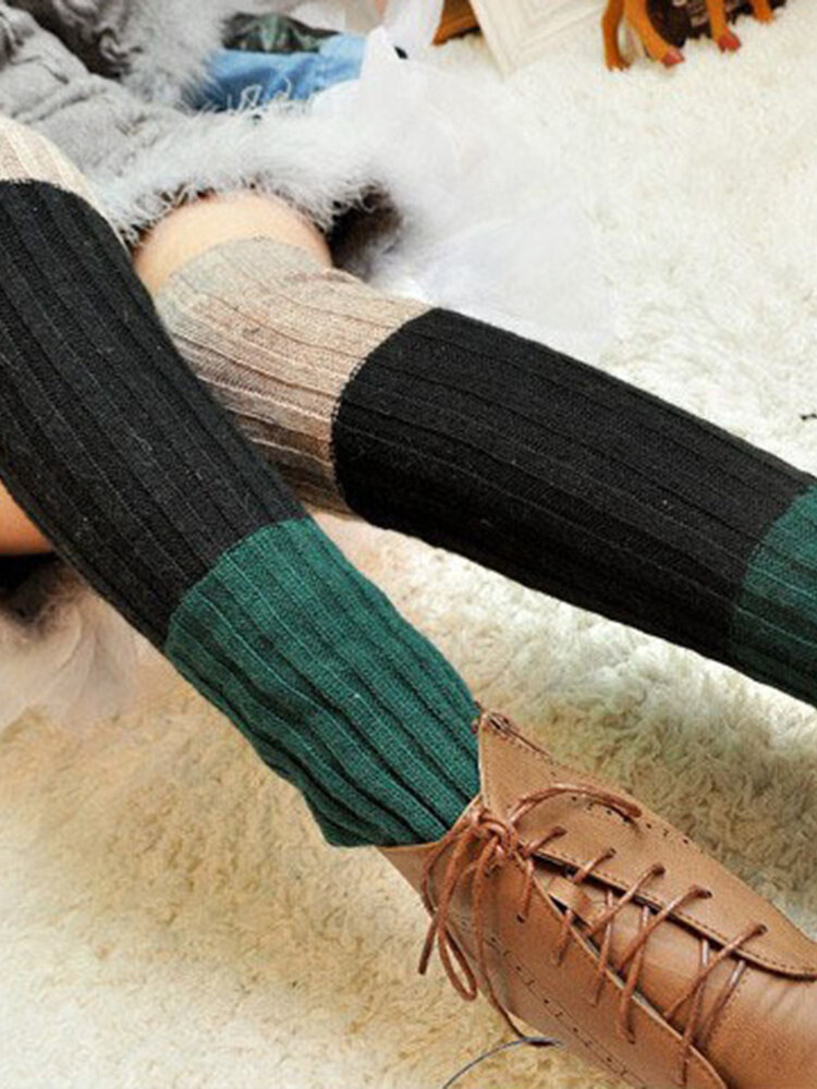 Women's Compression Socks Wool Socks Three-color Stitching Striped Knit Warm Leg Socks 