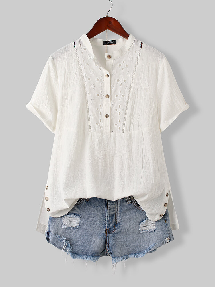 Casual Hollow Out Side-slit Buttons Short Sleeve Blouse