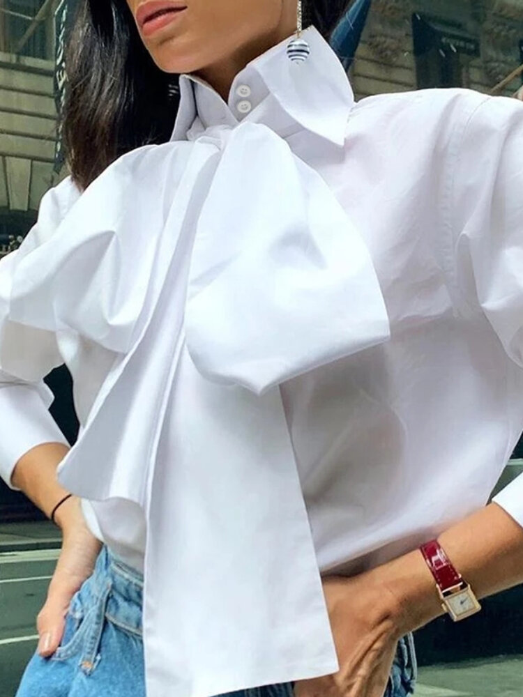 Feminino sólido bowknot botão frontal casual manga comprida Camisa