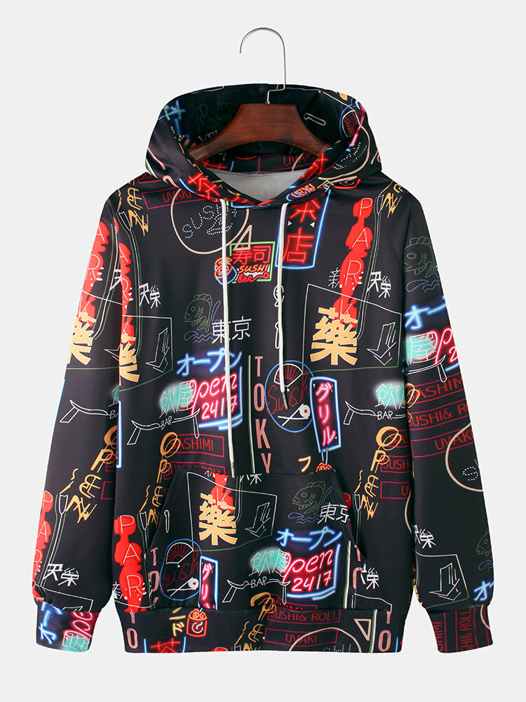 

Mens Japanese Character Print Relaxed Fit Hoodies With Kangaroo Pocket, Black