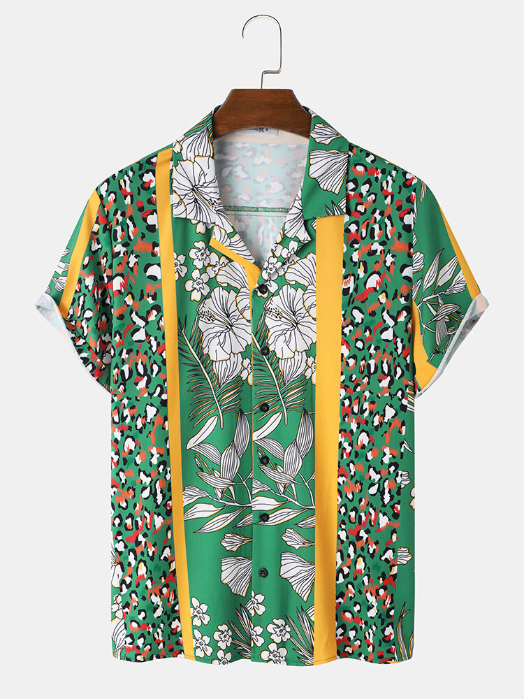 Camisas masculinas de manga curta com estampa listrada floral e gola Revere