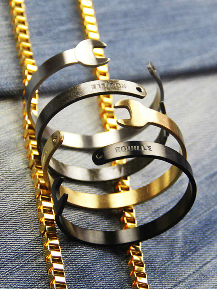 Fashion Titanium Steel Letters Mens Bracelet Vintage Mechanical Wrench Open Bangle Bracelets for Men