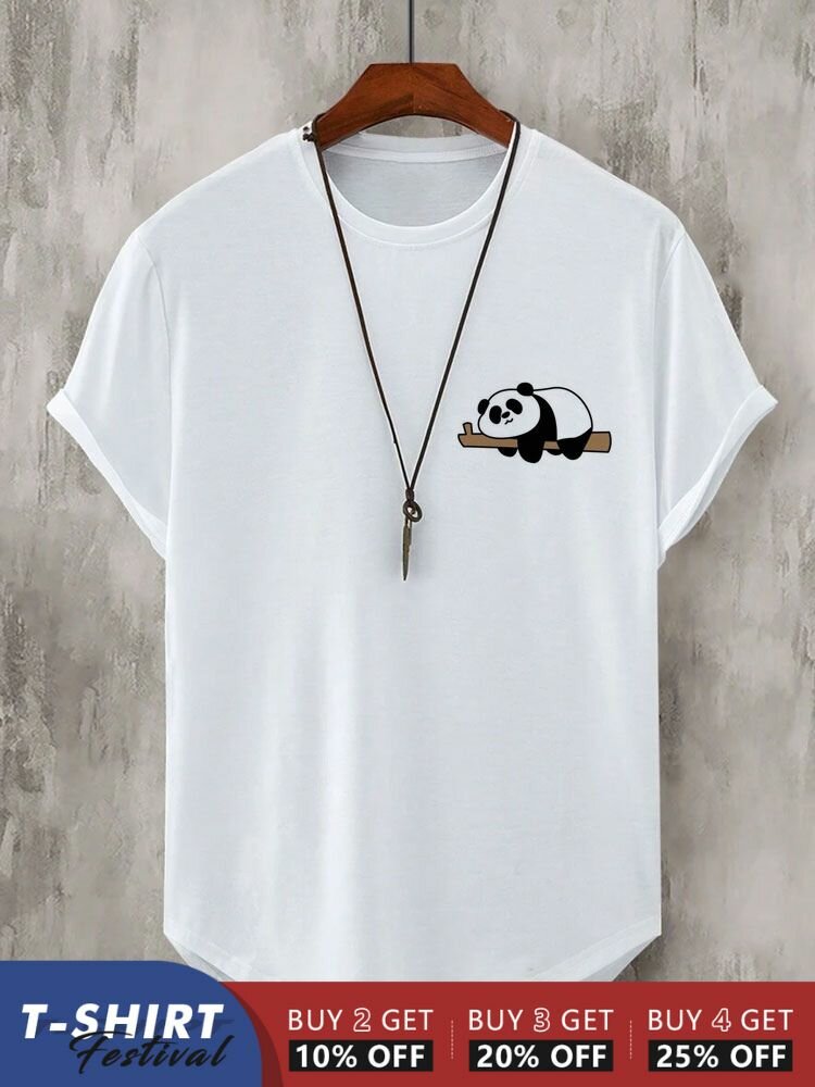 Mens Cartoon Panda Print Curved Hem Casual Short Sleeve T-Shirts Winter