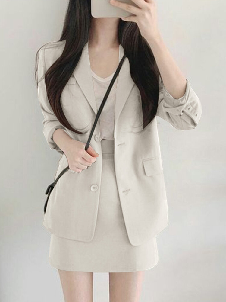 

Solid Button Long Sleeve Lapel Two Pieces Suit, Blue;dark green;apricot