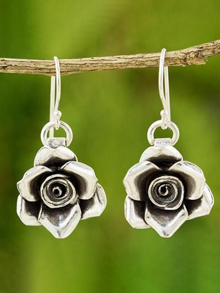 Vintage Distressed Three-dimensional Rose-shaped Metal Earrings