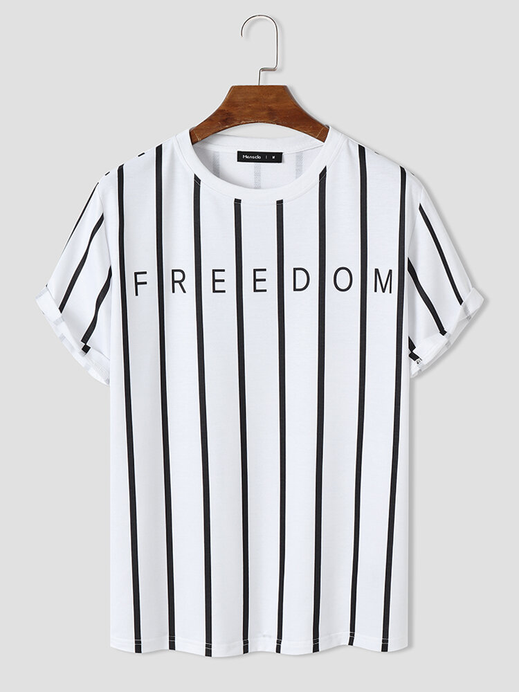 Mens Freedom Vertical Striped Print Crew Neck Short Sleeve T-Shirts